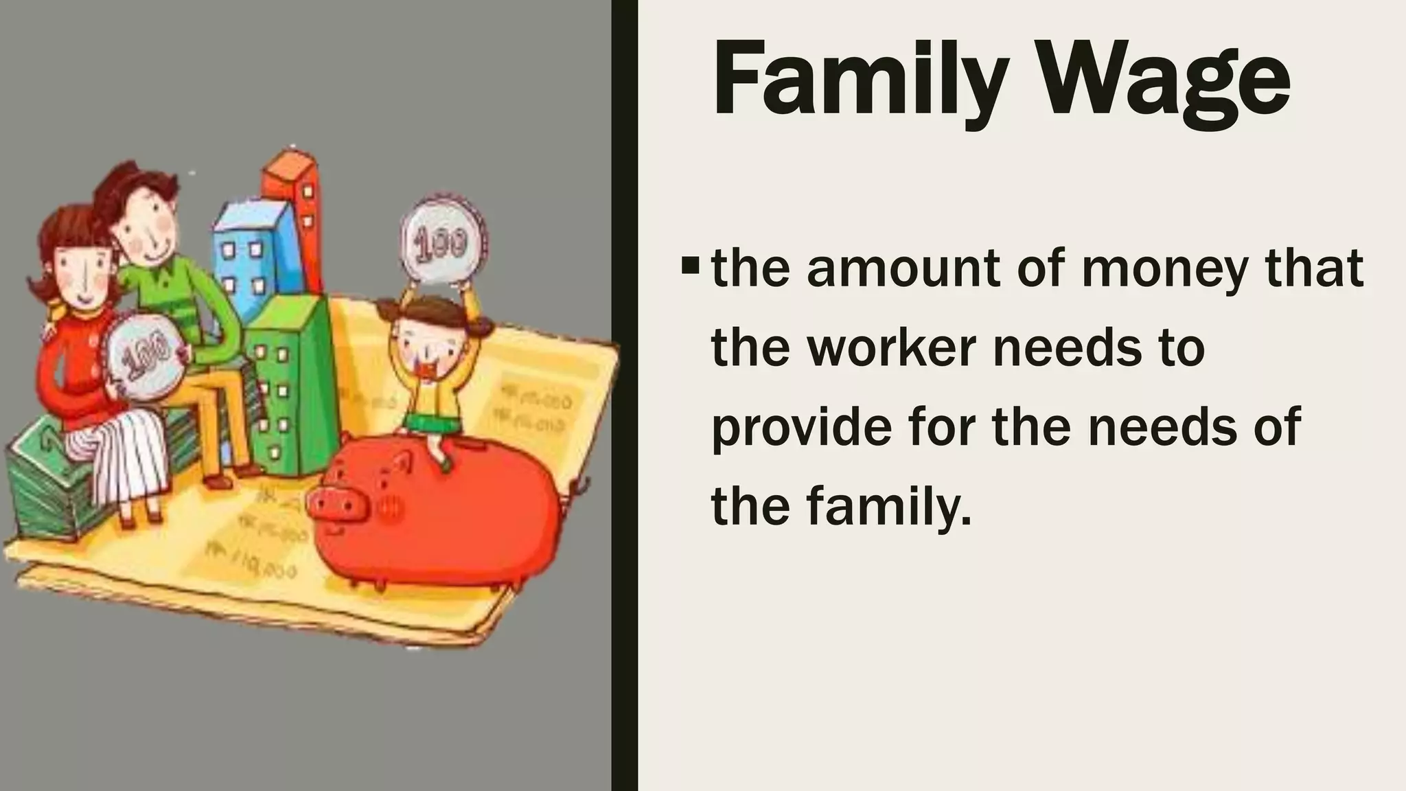 Family Wage
the amount of money that
the worker needs to
provide for the needs of
the family.