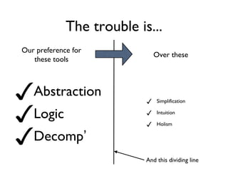 The trouble is... Simplification Intuition Holism Abstraction Logic Decomp ’ Our preference for these tools Over these And this dividing line 