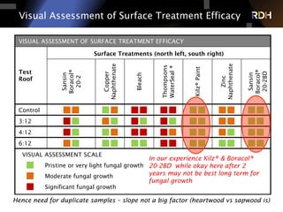 Visual Assessment of Surface Treatment Efficacy
VISUAL ASSESSMENT OF SURFACE TREATMENT EFFICACY
Test
Roof
Surface Treatments (north left, south right)
Sansin
Boracol®
20-2
Copper
Naphthenate
Bleach
Thompsons
WaterSeal®
Kilz®Paint
Zinc
Naphthenate
Sansin
Boracol®
20-2BD
Control
3:12
4:12
6:12
VISUAL ASSESSMENT SCALE
Pristine or very light fungal growth
Moderate fungal growth
Significant fungal growth
Hence need for duplicate samples – slope not a big factor (heartwood vs sapwood is)
In our experience Kilz® & Boracol®
20-2BD while okay here after 2
years may not be best long term for
fungal growth
 