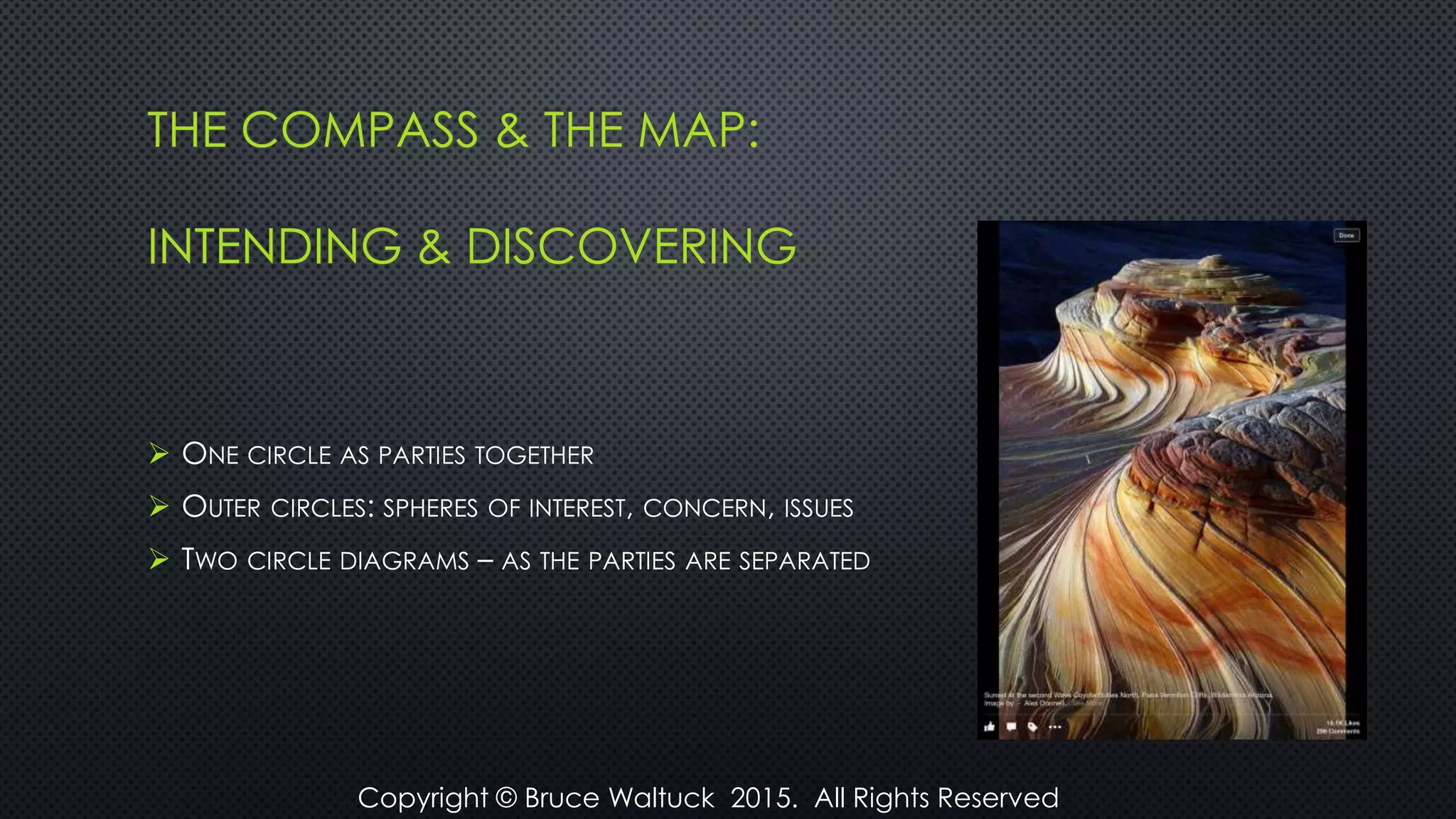 THE COMPASS & THE MAP:
INTENDING & DISCOVERING
 ONE CIRCLE AS PARTIES TOGETHER
 OUTER CIRCLES: SPHERES OF INTEREST, CONCERN, ISSUES
 TWO CIRCLE DIAGRAMS – AS THE PARTIES ARE SEPARATED
Copyright © Bruce Waltuck 2015. All Rights Reserved
 