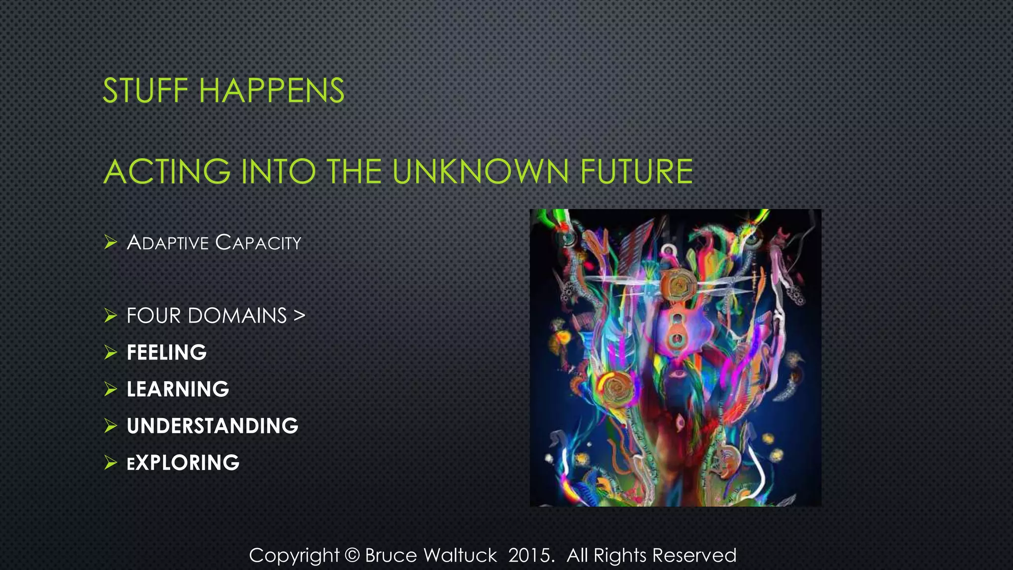 STUFF HAPPENS
ACTING INTO THE UNKNOWN FUTURE
 ADAPTIVE CAPACITY
 FOUR DOMAINS >
 FEELING
 LEARNING
 UNDERSTANDING
 EXPLORING
Copyright © Bruce Waltuck 2015. All Rights Reserved
 