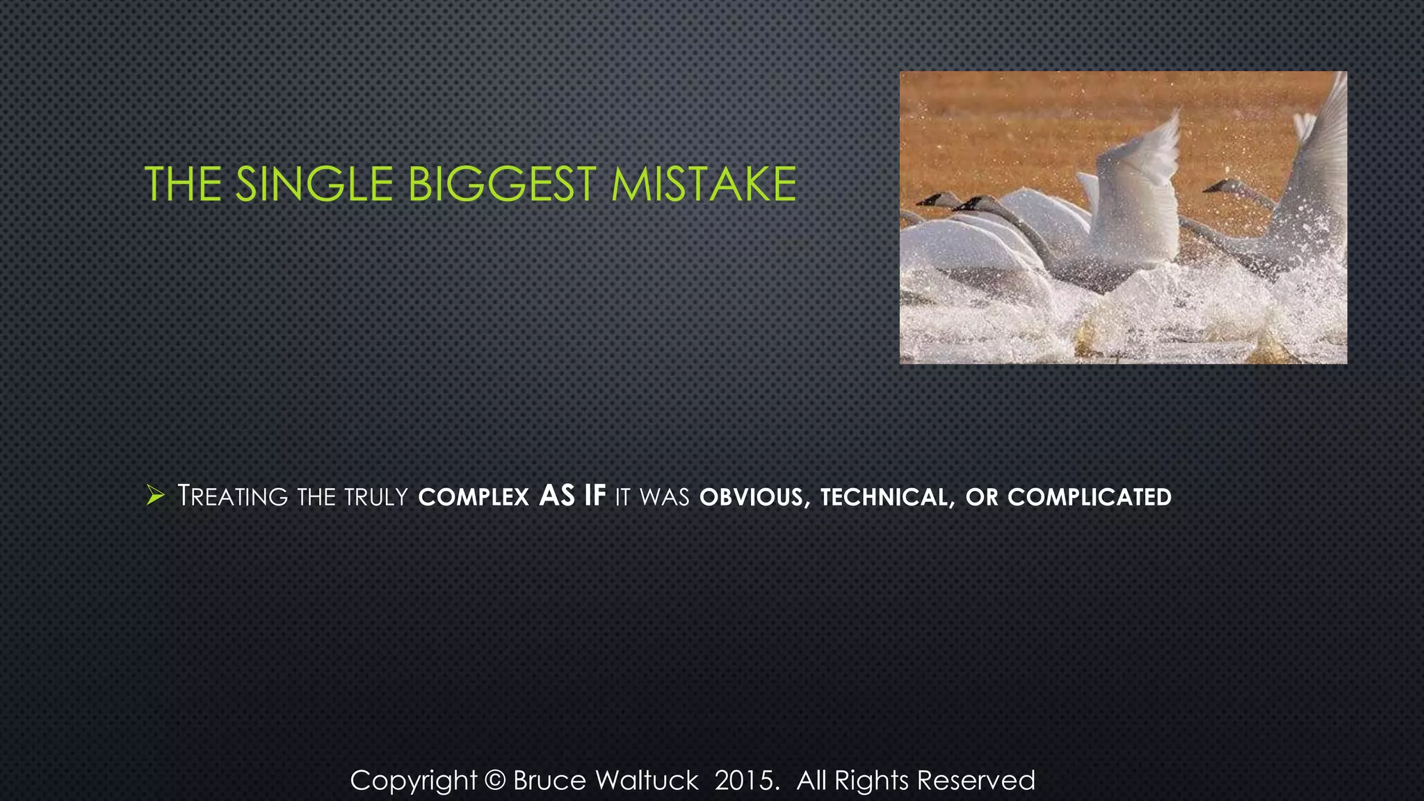 THE SINGLE BIGGEST MISTAKE
 TREATING THE TRULY COMPLEX AS IF IT WAS OBVIOUS, TECHNICAL, OR COMPLICATED
Copyright © Bruce Waltuck 2015. All Rights Reserved
 