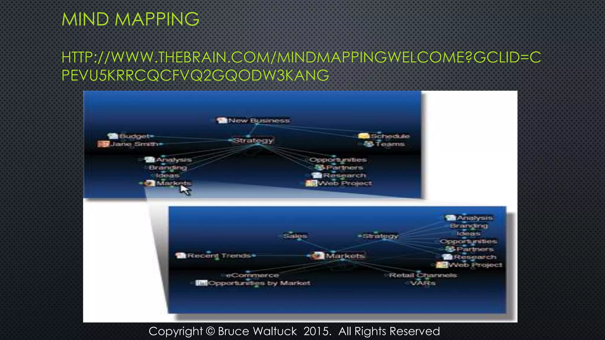 MIND MAPPING
HTTP://WWW.THEBRAIN.COM/MINDMAPPINGWELCOME?GCLID=C
PEVU5KRRCQCFVQ2GQODW3KANG
Copyright © Bruce Waltuck 2015. All Rights Reserved
 