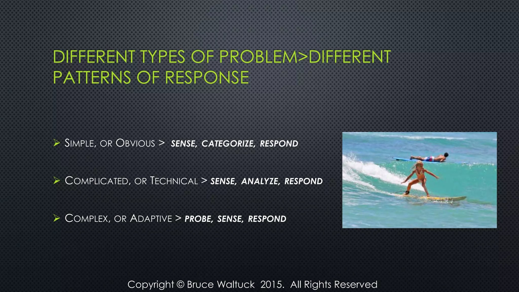 DIFFERENT TYPES OF PROBLEM>DIFFERENT
PATTERNS OF RESPONSE
 SIMPLE, OR OBVIOUS > SENSE, CATEGORIZE, RESPOND
 COMPLICATED, OR TECHNICAL > SENSE, ANALYZE, RESPOND
 COMPLEX, OR ADAPTIVE > PROBE, SENSE, RESPOND
Copyright © Bruce Waltuck 2015. All Rights Reserved
 
