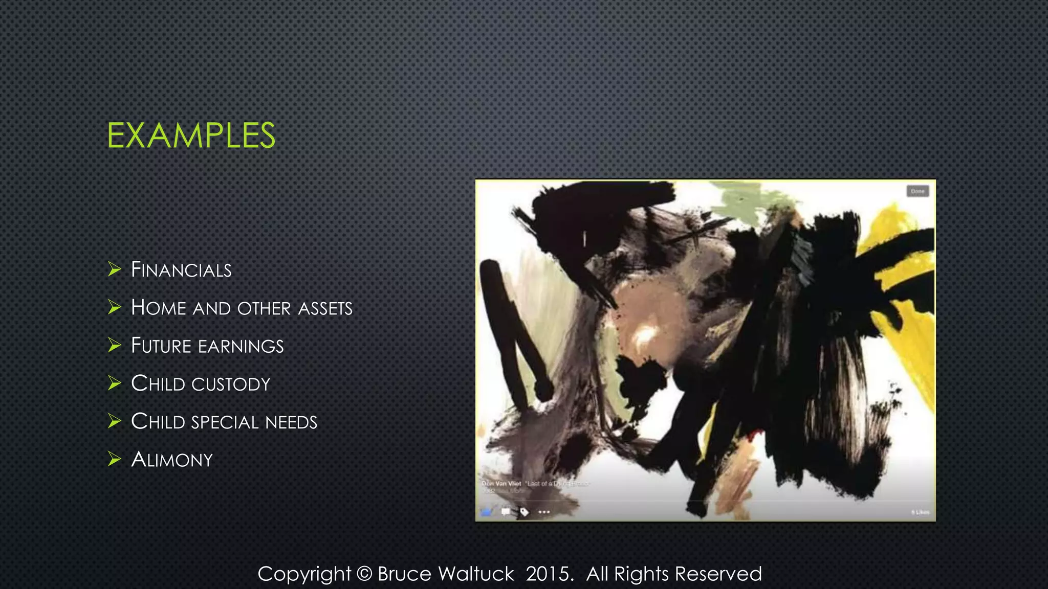 EXAMPLES
 FINANCIALS
 HOME AND OTHER ASSETS
 FUTURE EARNINGS
 CHILD CUSTODY
 CHILD SPECIAL NEEDS
 ALIMONY
Copyright © Bruce Waltuck 2015. All Rights Reserved
 
