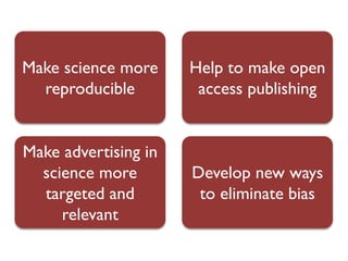 Make science more     Help to make open
  reproducible         access publishing


Make advertising in
  science more        Develop new ways
  targeted and         to eliminate bias
     relevant
 