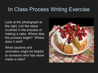 In Class Process Writing Exercise
In Class Process Writing Exercise
Look at the photograph to
the right. List the steps
involved in the process of
making a cake. Where dies
the process begin? Where
does it end?
What cautions and
reminders might be helpful
to someone who has never
made a cake?
 