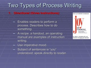 Two Types of Process Writing
Two Types of Process Writing
1.
1. Directional (Gives Instructions):
Directional (Gives Instructions):
– Enables readers to perform a
Enables readers to perform a
process. Describes how to do
process. Describes how to do
something.
something.
– A recipe, a handout, an operating
A recipe, a handout, an operating
manual are examples of instruction
manual are examples of instruction
writing.
writing.
– Use imperative mood.
Use imperative mood.
– Subject of sentences is “you”
Subject of sentences is “you”
understood; speak directly to reader.
understood; speak directly to reader.
 
