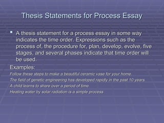 Thesis Statements for Process Essay
Thesis Statements for Process Essay
 A thesis statement for a process essay in some way
A thesis statement for a process essay in some way
indicates the time order. Expressions such as the
indicates the time order. Expressions such as the
process of, the procedure for, plan, develop, evolve, five
process of, the procedure for, plan, develop, evolve, five
stages, and several phases indicate that time order will
stages, and several phases indicate that time order will
be used.
be used.
Examples:
Examples:
Follow these steps to make a beautiful ceramic vase for your home.
Follow these steps to make a beautiful ceramic vase for your home.
The field of genetic engineering has developed rapidly in the past 10 years.
The field of genetic engineering has developed rapidly in the past 10 years.
A child learns to share over a period of time.
A child learns to share over a period of time.
Heating water by solar radiation is a simple process
Heating water by solar radiation is a simple process
 