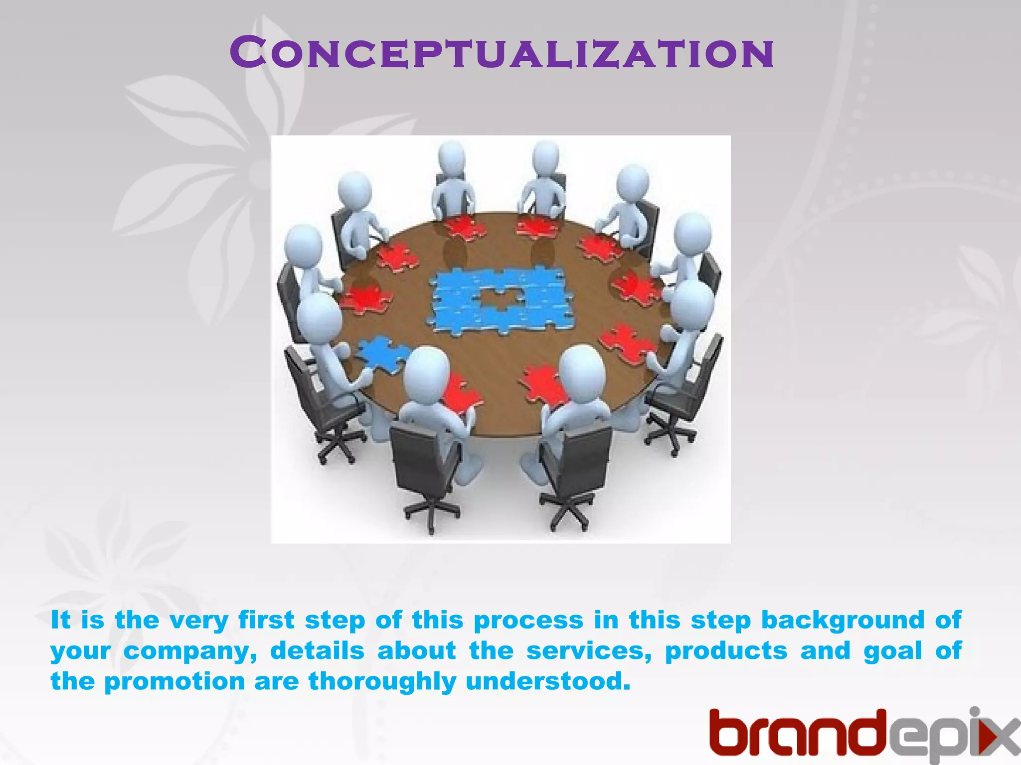 Conceptualization 
It is the very first step of this process in this step background of 
your company, details about the services, products and goal of 
the promotion are thoroughly understood. 
 