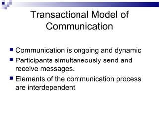Transactional Model of
Communication
 Communication is ongoing and dynamic
 Participants simultaneously send and
receive messages.
 Elements of the communication process
are interdependent
 