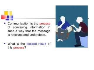  Communication is the process
of conveying information in
such a way that the message
is received and understood.
 What is the desired result of
this process?
 