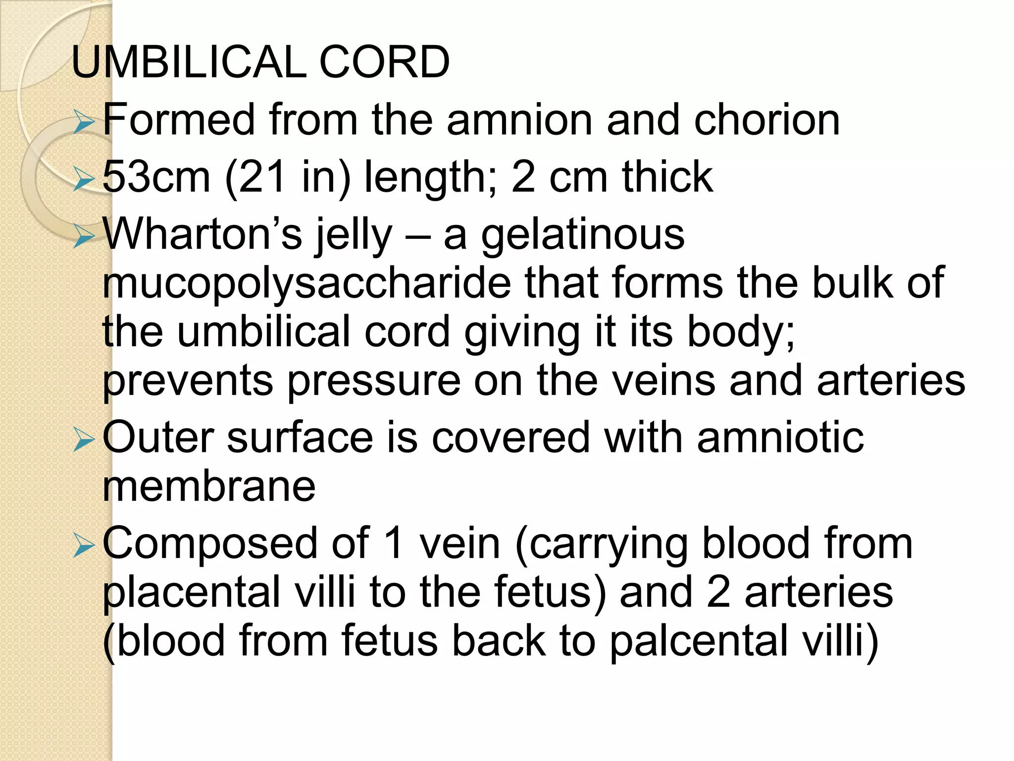 hCG – 1st placental hormone          - enusures corpus luteum to continuously produce progesterone and estrogen          - supresses maternal immunologic reaction so that placental tissue is not detected and rejected as a foreign substance