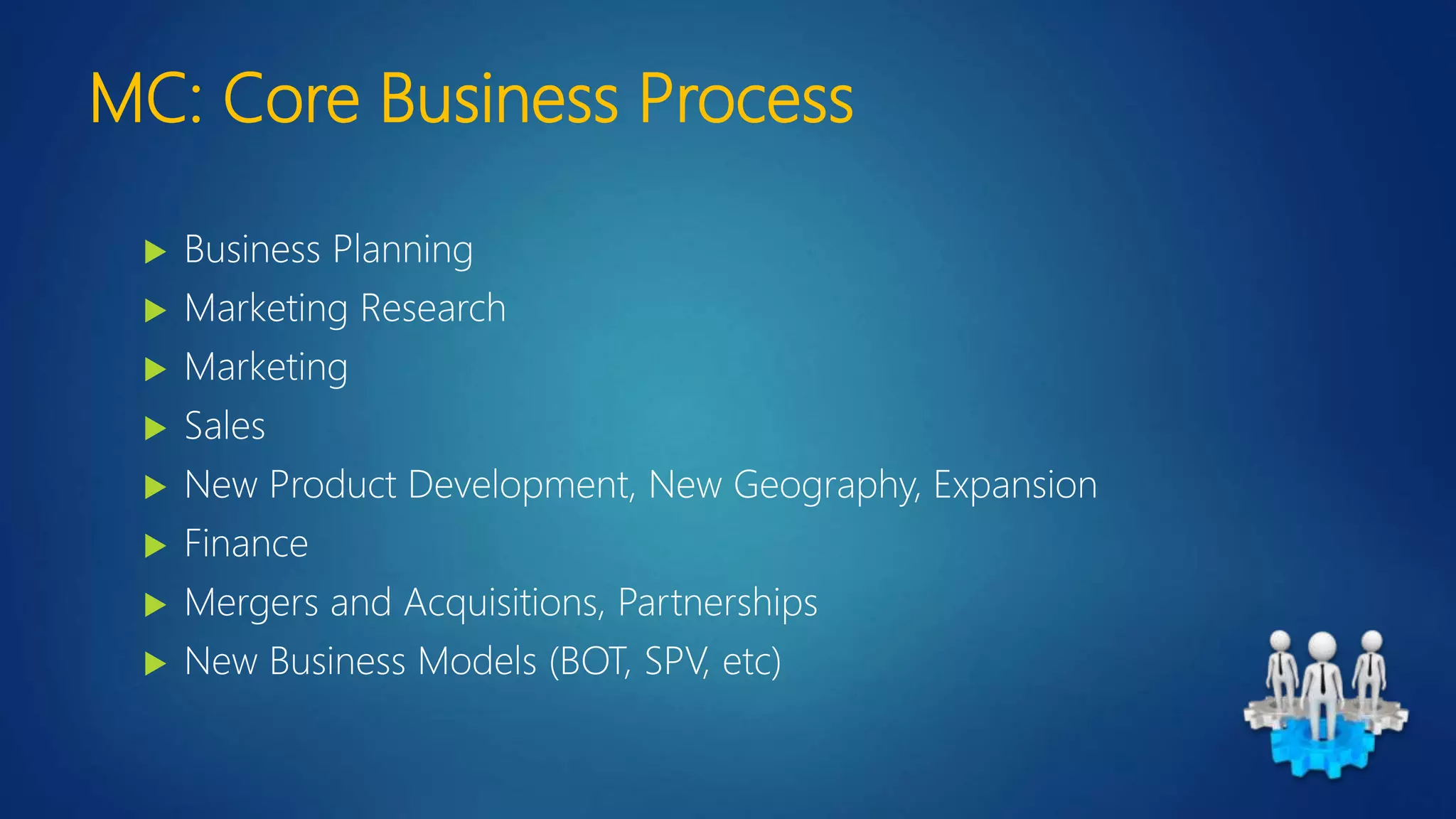 MC: Core Business Process
 Business Planning
 Marketing Research
 Marketing
 Sales
 New Product Development, New Geography, Expansion
 Finance
 Mergers and Acquisitions, Partnerships
 New Business Models (BOT, SPV, etc)
 