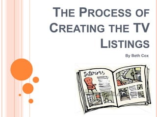 THE PROCESS OF
CREATING THE TV
LISTINGS
By Beth Cox
 
