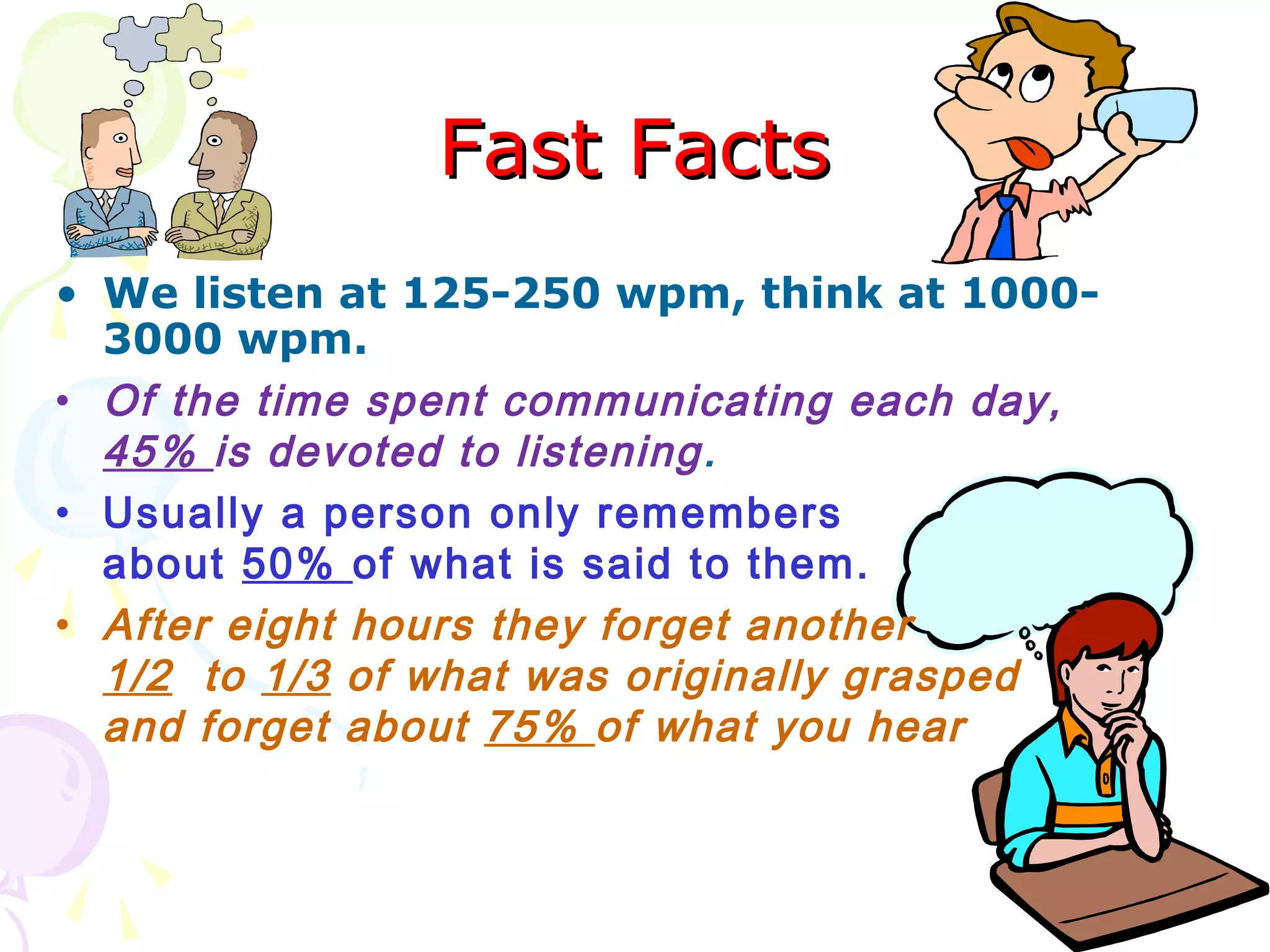 Fast FactsFast Facts
• We listen at 125-250 wpm, think at 1000-
3000 wpm.
• Of the time spent communicating each day,
45% is devoted to listening.
• Usually a person only remembers
about 50% of what is said to them.
• After eight hours they forget another
1/2 to 1/3 of what was originally grasped
and forget about 75% of what you hear
 