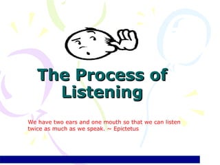 The Process ofThe Process of
ListeningListening
We have two ears and one mouth so that we can listen
twice as much as we speak. ~ Epictetus
 