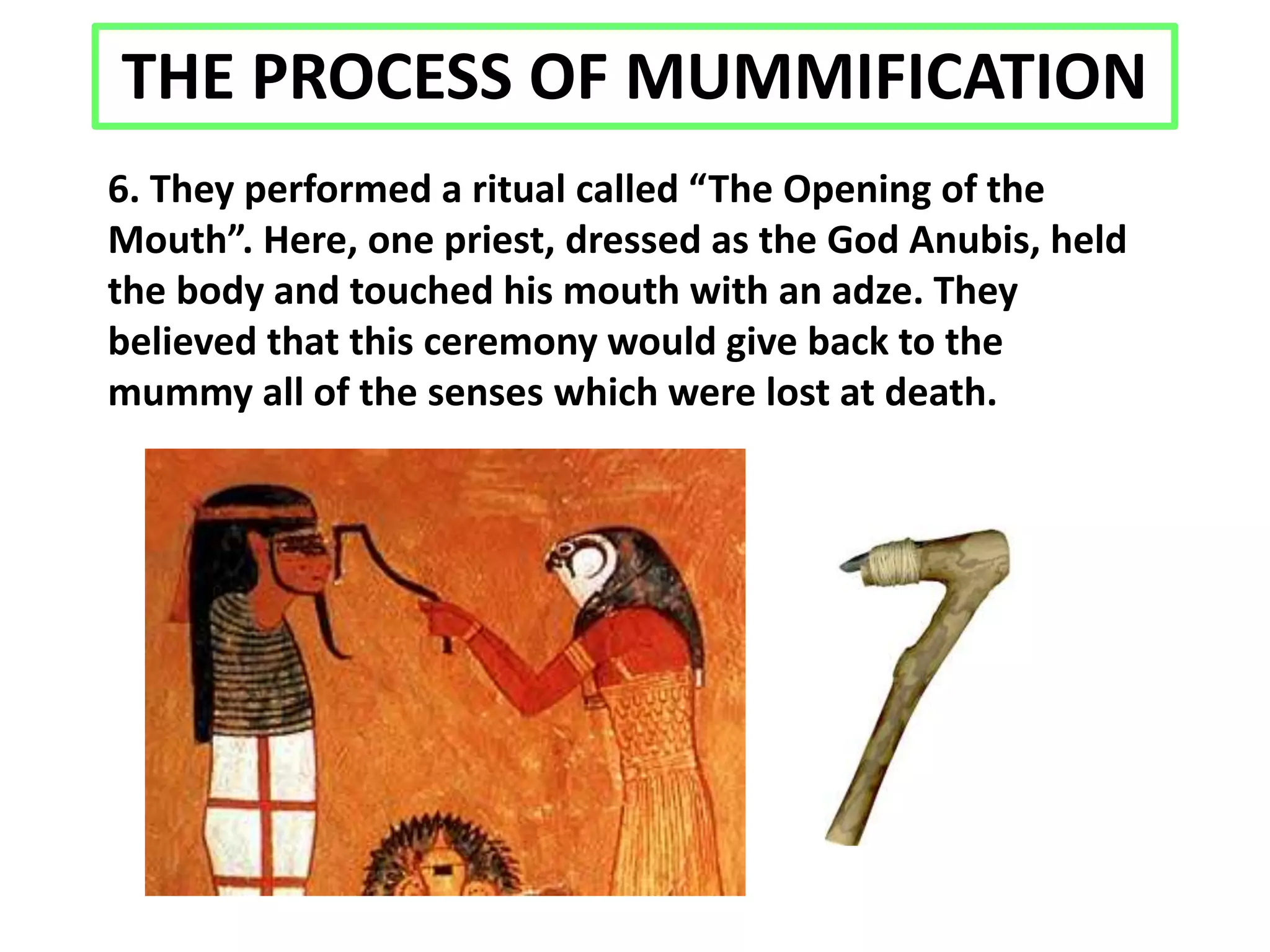 THE PROCESS OF MUMMIFICATION
6. They performed a ritual called “The Opening of the
Mouth”. Here, one priest, dressed as the God Anubis, held
the body and touched his mouth with an adze. They
believed that this ceremony would give back to the
mummy all of the senses which were lost at death.
 