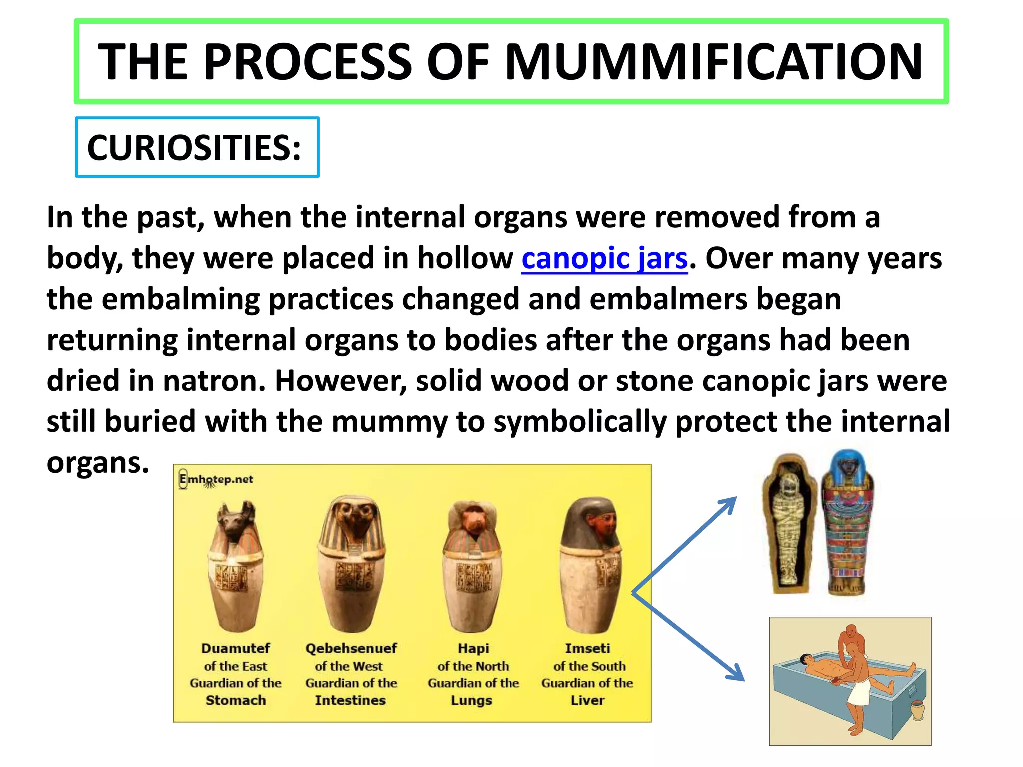 In the past, when the internal organs were removed from a
body, they were placed in hollow canopic jars. Over many years
the embalming practices changed and embalmers began
returning internal organs to bodies after the organs had been
dried in natron. However, solid wood or stone canopic jars were
still buried with the mummy to symbolically protect the internal
organs.
THE PROCESS OF MUMMIFICATION
CURIOSITIES:
 