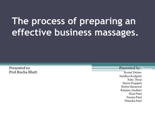 The process of preparing an
 effective business massages.


Presented to:           Presented by:
Prof.Rucha Bhatt           Komal Dulam
                        Sandhya Kodganti
                              Asha Desai
                          Beena Prajapati
                         Rohini Baranwal
                         Ranjana chudhari
                               Hiral Patel
                             Neema Patel
                           Niharika Patel
 