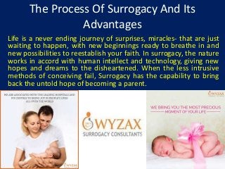 The Process Of Surrogacy And Its
Advantages
Life is a never ending journey of surprises, miracles- that are just
waiting to happen, with new beginnings ready to breathe in and
new possibilities to reestablish your faith. In surrogacy, the nature
works in accord with human intellect and technology, giving new
hopes and dreams to the disheartened. When the less intrusive
methods of conceiving fail, Surrogacy has the capability to bring
back the untold hope of becoming a parent.
 