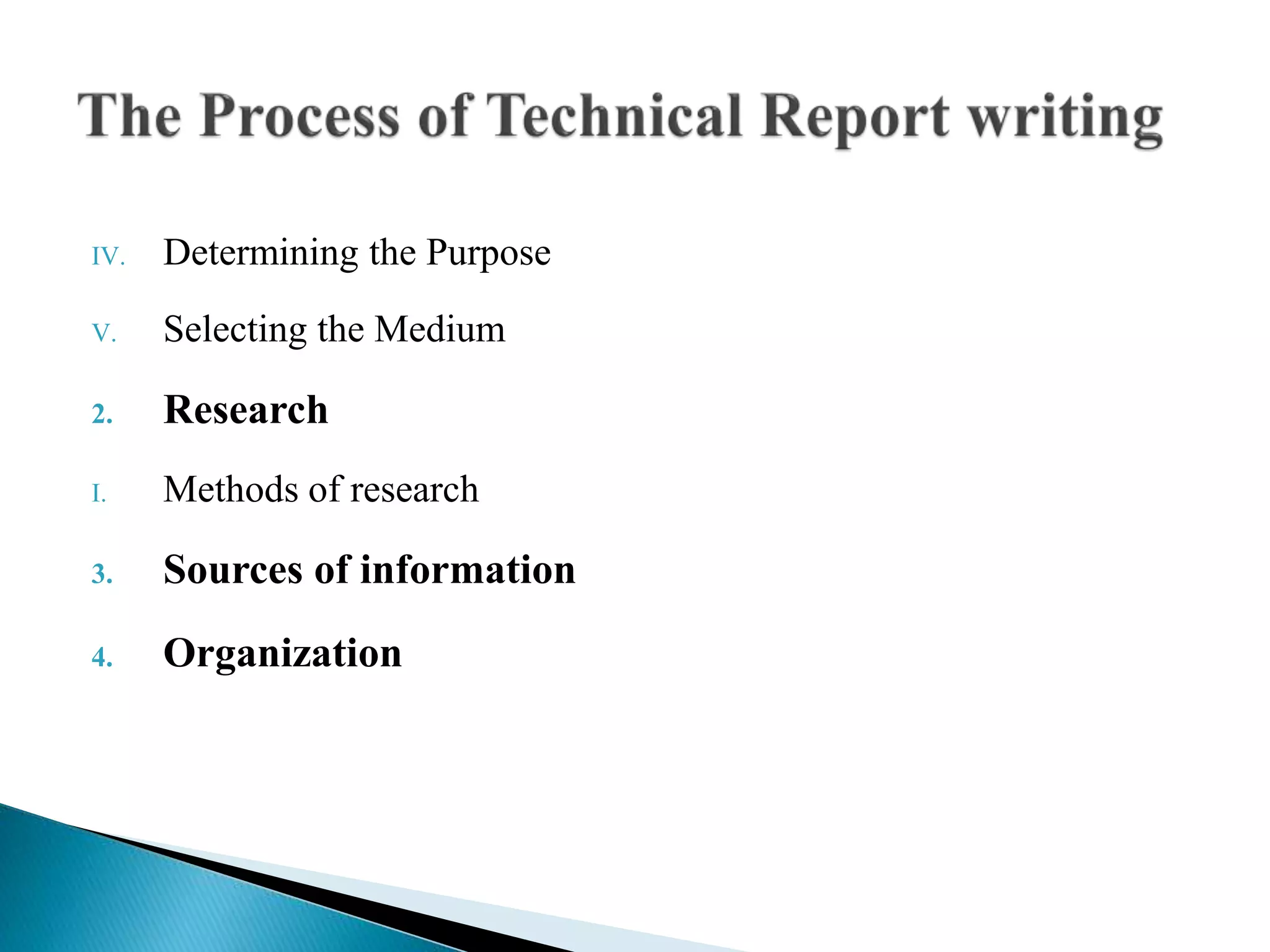 IV. Determining the Purpose
V. Selecting the Medium
2. Research
I. Methods of research
3. Sources of information
4. Organization
 