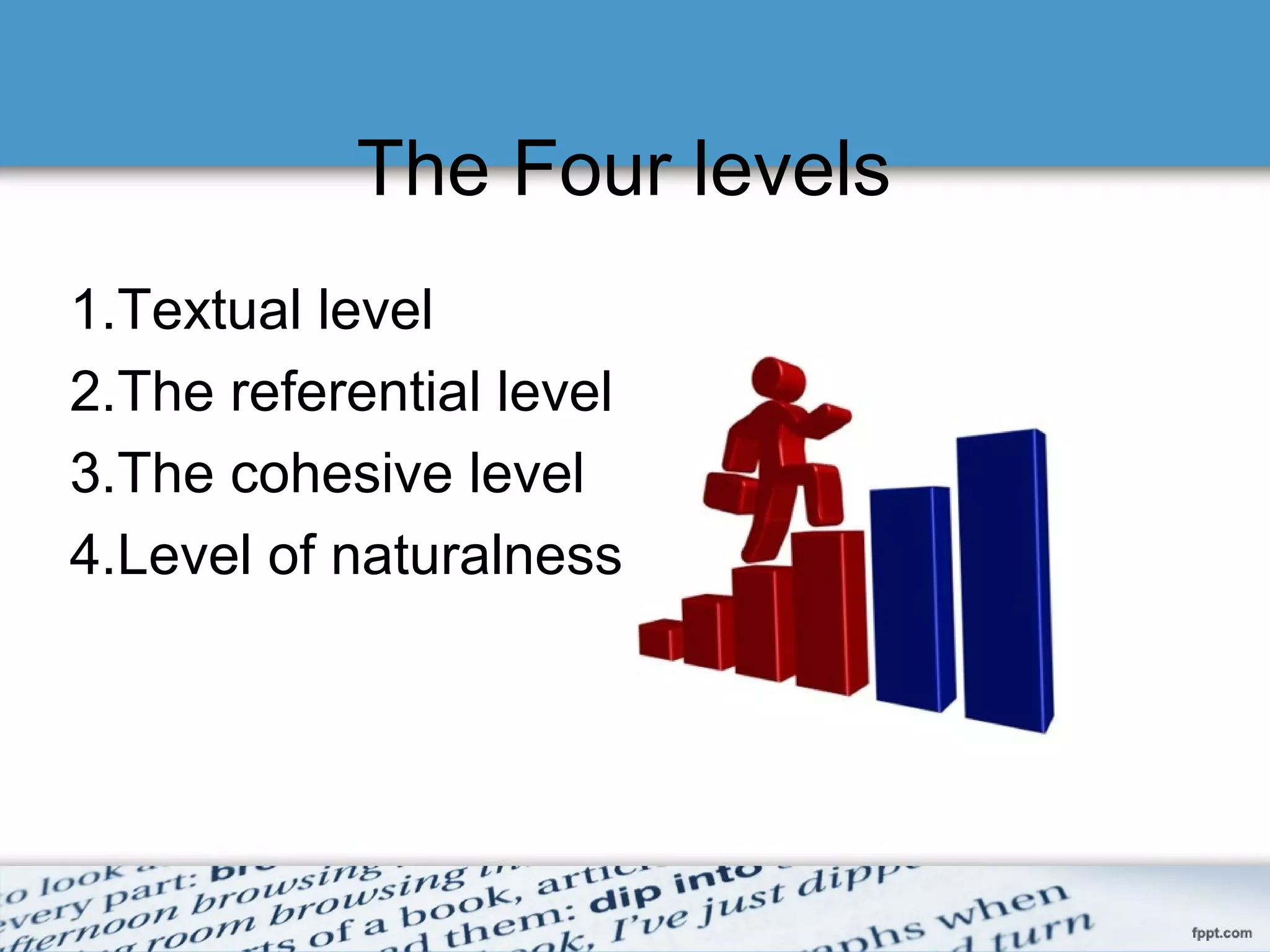 The Four levels
1.Textual level
2.The referential level
3.The cohesive level
4.Level of naturalness
 