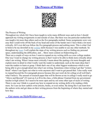 The Process of Writing
The Process of Writing
Throughout my whole life I have been taught to write many different ways and on how I should
approach my writing assignments in and outside of class. But there was one particular method that
was taught a lot more than others such as the five paragraphs method. Some assignments were very
easy that I could write off the back of my head and some of the harder one's I have think a lot more
critically. All I ever did was follow the five paragraph process and nothing more. This is what I led
to believe be my downfall in my writing skills because I was unable to use any other methods. So
throughout my essay I will explain the steps of my writing process such as finding my personal
space, understanding the difficulties, and ... Show more content on Helpwriting.net ...
There are a couple of ways on how I want to expand on my writing skills as a new college student.
One way I want to change my writing process is that I want to be able to think more critically about
what I am writing. When I mean more critically I mean about like putting a lot more thoughts and
explain more in detail in what I really want the reader to understand, such as the main ideas that I
want the readers to learn or grasp. I think that's one of my other biggest weaknesses which is not
being able to give enough detail into what I am writing. Sometimes when writing I get that "writers
block" where I can figure out what to write anymore and I want to get passed that. I also really want
to expand beyond the five paragraph process because this just won't do for college at all well that's
what I believe. The amount of research paper that will be thrown at me in college I really need to go
"Above and Beyond" if I want an A or B in the class, a little phrase I learned from my government
teacher in high school. So I need to be more open and try out some other type of styles of writing.
There is one way I think is a good way how to expand on my writing skills is by reading a little
more. So I can see how authors write articles, books, or even online. By doing this I can learn how
the authors write and get ideas on their writing process from the beginning of where they started and
how they
... Get more on HelpWriting.net ...
 