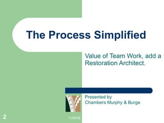 The Process Simplified Value of Team Work, add a Restoration Architect. 11/05/09 Presented by  Chambers Murphy & Burge 
