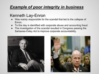 Example of poor integrity in business
Kenneth Lay-Enron
● Was mainly responsible for the scandal that led to the collapse of
Enron.
● To this day is identified with corporate abuse and accounting fraud.
● The investigation of the scandal resulted in Congress passing the
Sarbanes-Oxley Act to improve corporate accountability.
 