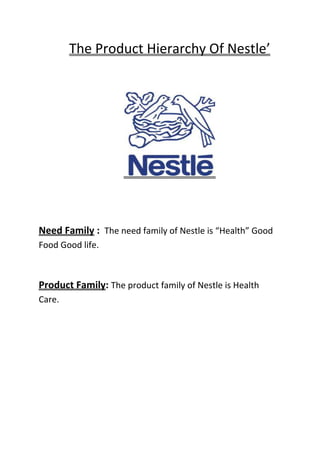 The Product Hierarchy Of Nestle’




Need Family : The need family of Nestle is “Health” Good
Food Good life.



Product Family: The product family of Nestle is Health
Care.
 