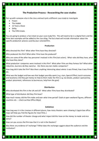 The Production Process - Researching the case studies
Pair up with someone else in the class and each pick a different case study to investigate
 Frozen
 The Hobbit
 12 Years a Slave
 Shifty
 The Fifth Estate.
You are going to produce a fact sheet on your case study film. This will need to be in a digital form and the
three best examples will be added to the class blog. The fact sheet will include information about the
specific production process used by your selected film.
Production
Who directed this film? What other films have they directed?
Who produced this film? What other films have the produced?
Who are some of the other key personnel involved in this film(not actors). What roles did they have, what
else have they done?
What production companies were involved in this film? What other films are they famous for? What other
industries, business do they own/run. Are there any non-media companies?
How long did it take the film? Was there anything interesting about where it was filmed, how it was filmed
etc.
What was the budget and how was that budget possibly spent ( e.g. stars, Special Effect, lavish costumes
and locations). Did they get money to help to them make the film ( e.g. tax breaks, product sponsorship,
product placement, references to businesses, help from the govt)
Distribution
Who distributed this film in the UK and US? What other films have they distributed?
What type of distribution did they filmhave?
How much money did the film make and over what time period? (look at open weekend figures, different
countries etc. – check out Box Office Mojo)
Exhibition
How long was it in the cinemas in different places, how many theaters were showing it (again box office
mojo will help you find the figures for most films.)
How did the number of theater change and what impact did this have on the money to made and vice
versa?
How can you access the filmnow that it is not in the theaters?
Was there any evidence of ‘exchange’? What does the exchange suggest about the audience and the
institution?
 