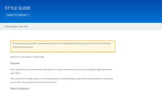 Angular style guide
• Lots of recommendations
• Pars can be automatically checked with Codelyzer
 
