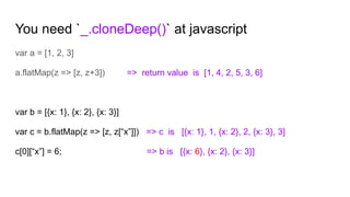 You need `_.cloneDeep()` at javascript
var a = [1, 2, 3]
a.flatMap(z => [z, z+3]) => return value is [1, 4, 2, 5, 3, 6]
var b = [{x: 1}, {x: 2}, {x: 3}]
var c = b.flatMap(z => [z, z[“x”]]) => c is [{x: 1}, 1, {x: 2}, 2, {x: 3}, 3]
c[0][“x”] = 6; => b is [{x: 6}, {x: 2}, {x: 3}]
 