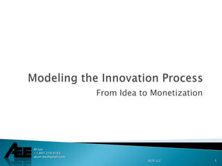 Modeling the Innovation Process From Idea to Monetization 1 ALEE LLC Al Lee +1.847.219.4163 alson.lee@gmail.com 