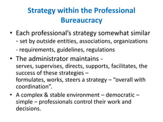 Strategy within the Professional Bureaucracy Each professional’s strategy somewhat similar  - set by outside entities, associations, organizations 	- requirements, guidelines, regulationsThe administrator maintains - serves, supervises, directs, supports, facilitates, the success of these strategies – formulates, works, steers a strategy – “overall with coordination”.A complex & stable environment – democratic –simple – professionals control their work and decisions.