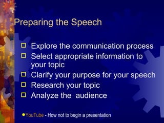 Preparing the Speech <ul><li>Explore the communication process </li></ul><ul><li>Select appropriate information to your to...