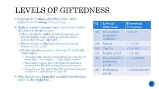  Several definitions of gifted exist, with
definitions forming a hierarchy.
 Higher scores become rarer and rarer under
the normal distribution.
 Many students within a school system are
pretty bright and qualify as gifted under
school definition (IQ>120).
 Mensa-level intelligence occurs at a much
lower rate (1 in 50).
 Much variation occurs in the top 1% of the IQ
distribution.
 A teacher who teaches 25 students per year for 30
years likely has taught ~1 high gifted student.
 That same teacher has 1:40 odds of teaching a
student with IQ>160 during that same tenure.
 A population the size of the US would be expected
to have ~17 individuals at IQ>180.
 But, deviations from the normal distribution
exist in the right tail…
IQ Level of
Giftedness
Theoretical
Prevalence
120 Most gifted
programs’
definition
~1 in 11
132 Mensa ~ 1 in 50
135 Top 1% ~1 in 100
145 Highly gifted ~1 in 750
160 Exceptionally/
profoundly
gifted
~ 1 in 30,000
180 Profoundly
gifted
~1 in 20,000,000
 