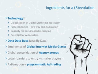 Ingredients for a (R)evolution
› Technology!!!
› Globalization of Digital Marketing ecosystem
› Fully connected – two way communication
› Capacity for personalized messaging
› Potential for Automation
› Data Data Data (aka Big Data)
› Emergence of Global Internet Media Giants
› Global consolidation of Agency groups
› Lower barriers to entry – smaller players
› A disruption – programmatic Ad trading
 
