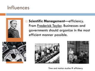 Influences


Scientific Management—efficiency.
From Frederick Taylor. Businesses and
governments should organize in the most
efficient manner possible.

Time and motion studies efficiency

 