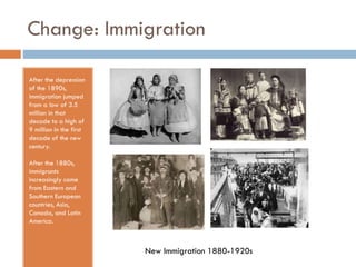 Change: Immigration
After the depression
of the 1890s,
immigration jumped
from a low of 3.5
million in that
decade to a high of
9 million in the first
decade of the new
century.
After the 1880s,
immigrants
increasingly came
from Eastern and
Southern European
countries, Asia,
Canada, and Latin
America.

New Immigration 1880-1920s

 