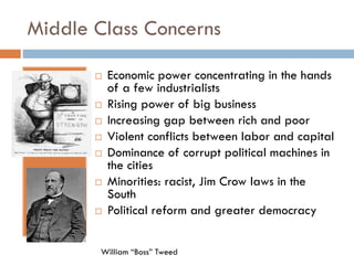 Middle Class Concerns











Economic power concentrating in the hands
of a few industrialists
Rising power of big business
Increasing gap between rich and poor
Violent conflicts between labor and capital
Dominance of corrupt political machines in
the cities
Minorities: racist, Jim Crow laws in the
South
Political reform and greater democracy

William “Boss” Tweed

 