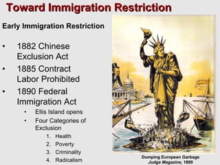 Toward Immigration Restriction
Early Immigration Restriction

•    1882 Chinese
     Exclusion Act
•    1885 Contract
     Labor Prohibited
•    1890 Federal
     Immigration Act
       •   Ellis Island opens
       •   Four Categories of
           Exclusion
              1.   Health
              2.   Poverty
              3.   Criminality
                                 Dumping European Garbage
              4.   Radicalism      Judge Magazine, 1890
 