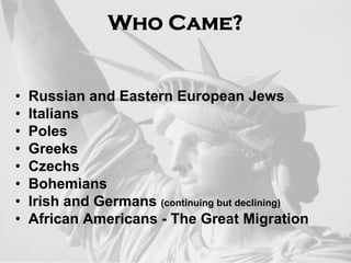 Who Came?


•   Russian and Eastern European Jews
•   Italians
•   Poles
•   Greeks
•   Czechs
•   Bohemians
•   Irish and Germans (continuing but declining)
•   African Americans - The Great Migration
 