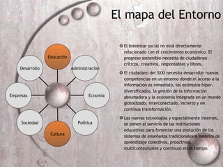 Desarrollo Empresas Sociedad Cultura Política Ecnom ía Administraci ón Educaci ón P El mapa del Entorno El bienestar social no est á directamente relacionado con el crecimiento económico. El progreso sostenible necesita de ciudadanos críticos, creativos, responsables y libres. El ciudadano del SXXI necesita desarrollar nuevas competencias en un entorno donde el acceso a la información es inmediato, los estímulos hiper-diversificados, la gestión de la información abrumadora y la economía integrada en un  mundo globalizado, interconectado, incierto y en continua transformaci ón. Las nuevas tecnolog ías y especialmente internet, se ponen al servicio  de las instituciones educativas para fomentar una evolución de los sistemas de enseñanza tradicionales a modelos de aprendizaje colectivos, proactivos, multicontextuales y cont inuos en el tiempo. 