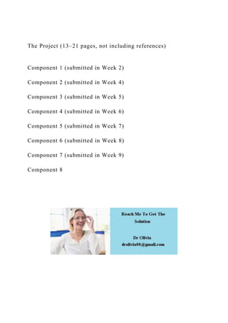 The Project (13–21 pages, not including references)
Component 1 (submitted in Week 2)
Component 2 (submitted in Week 4)
Component 3 (submitted in Week 5)
Component 4 (submitted in Week 6)
Component 5 (submitted in Week 7)
Component 6 (submitted in Week 8)
Component 7 (submitted in Week 9)
Component 8
 