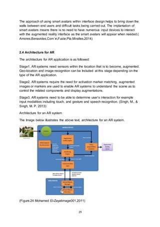 29
The approach of using smart avatars within interface design helps to bring down the
walls between end users and difficult tasks being carried out. The implantation of
smart avatars means there is no need to have numerous input devices to interact
with the augmented reality interface as the smart avatars will appear when needed.(
Amores,Benavides,Com´ın,Fuste,Pla,Miralles,2014)
2.4 Architecture for AR
The architecture for AR application is as followed:
Stage1. AR systems need sensors within the location that is to become, augmented.
Geo-location and image recognition can be Included at this stage depending on the
type of the AR application.
Stage2. AR systems require the need for activation marker matching, augmented
images or markers are used to enable AR systems to understand the scene as to
control the related components and display augmentations.
Stage3. AR systems need to be able to determine user’s interaction for example
input modalities including touch, and gesture and speech recognition. (Singh, M., &
Singh, M. P. 2013)
Architecture for an AR system
The Image below illustrates the above text, architecture for an AR system.
(Figure.24 Mohamed El-Zayatimage001,2011)
 