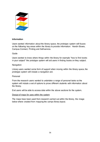 54
Information
Users wanted information about the library space, the prototype system will fouces
on the following key areas within the library to provide information: Handin Boxes,
Campus Connect, Printing and Self-service.
Guide
Users wanted to know where things within the library for example “how to find books
in your subject” the prototype system will aid users in finding books on they subject.
Navigation
Library users wanted some form of support when moving within the library space, the
prototype system will include a navigation aid.
Personal
From the research users wanted to undertake a range of personal tasks so the
system will include a set of options to prove different students with information about
the library.
End users will be able to access data within the above sections for the system.
Design of maps for uses within the system
The maps have been used from research carried out within the library, the image
below where created from mapping the camps library layout.
 