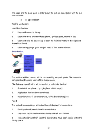 62
The steps and the tools users in order to run the test are listed below with the test
specifications:
a. Test Specification
Testing Mechanism
User Specification
1. Users will enter the library
2. Users will use a smart devices (phone, google glass, tablets or pc)
3. Users will hold the devices up to scan the markers that have been placed
around the library.
4. Users using google glass will just need to look at the markers.
The test that will be, created will be performed by ten participants. The research
participants will be daily users of the library space.
The following specification will be needed to undertake the test:
1. Smart devices (phone , google glass, tablets or pc)
2. Application that has been developed
3. Implementation of system/markers, within the library space
Part 1
The test will be undertaken within the library following the below steps:
1. Participants will have in hand a smart device
2. The smart device will be loaded on the buildAR test channel
3. The participant will then scan the markers that have been places within the
library space.
 