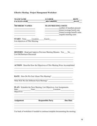 Effective Meeting: Project Management Worksheet

TEAM NAME____________________LEADER_____________________DEPT____
FACILITATOR___________________RECORDER__________________DATE___
_
MEMBERS' NAMES
TEAM MEETING COSTS
______________________
_______________number of members present
______________________
_______________(times) average hourly rate
______________________
_______________(times) average benefit value
______________________
_______________(equals) meeting costs
START: Time______Location______Guests_______
List objectives of This Meeting
_________________________________________________________________
_________________________________________________________________
_________________________________________________________________
HISTORY: Read and Approve Previous Meeting Minutes Yes____No_____
List Old Business Discussed
______________________________________________________________
______________________________________________________________
______________________________________________________________
ACTION: Describe How the Objectives of This Meeting Were Accomplished
______________________________________________________________
______________________________________________________________
______________________________________________________________
RATE: How Do We Feel About This Meeting? _____________________
______________________________________________________________
What Will We Do Different Next Meeting? _________________________
______________________________________________________________
PLAN: Schedule the Next Meeting, List Objectives, List Assignments
Date:_____________Time:___________________Location:______________
Objectives: _____________________________________________________
_______________________________________________________________
_______________________________________________________________
_______________________________________________________________
Assignment
Responsible Party
Due Date
_______________________________________________________________
_______________________________________________________________
_______________________________________________________________
Use back of worksheet if needed to continue/complete documenting the meeting.

12

 